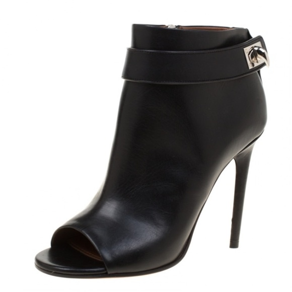 Givenchy Black Leather Shark Lock Peep Toe Ankle Boots Size 40.5